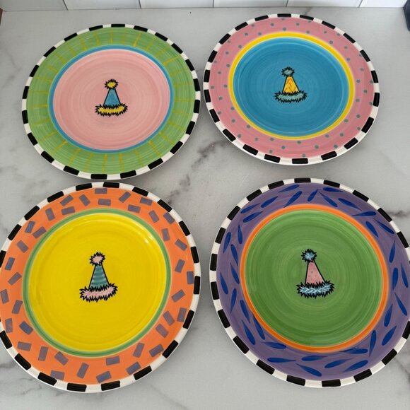 Outta Hand-Painted Amy Hetrick Party Hat Themed Ceramic 9" Plates - Picture 1 of 6
